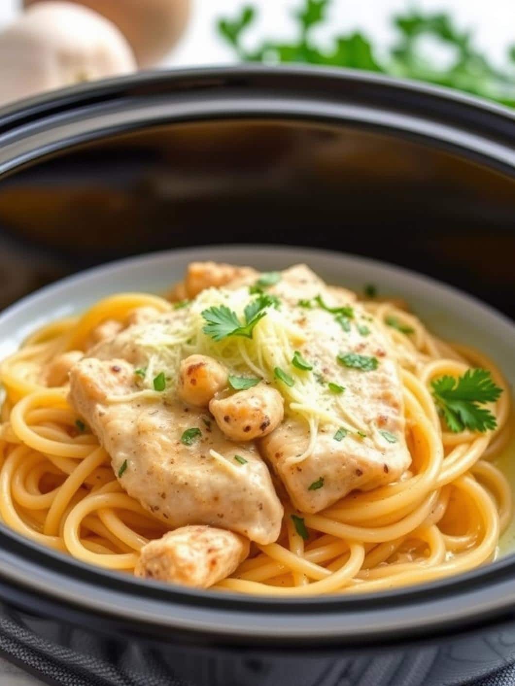 Slow Cooker Garlic Parmesan Chicken Pasta