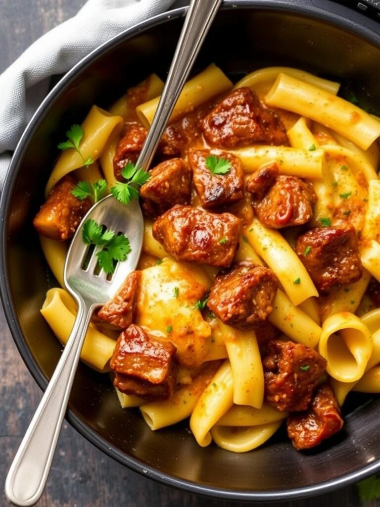 Easy Cajun Steak Tips In Cheesy Rigatoni