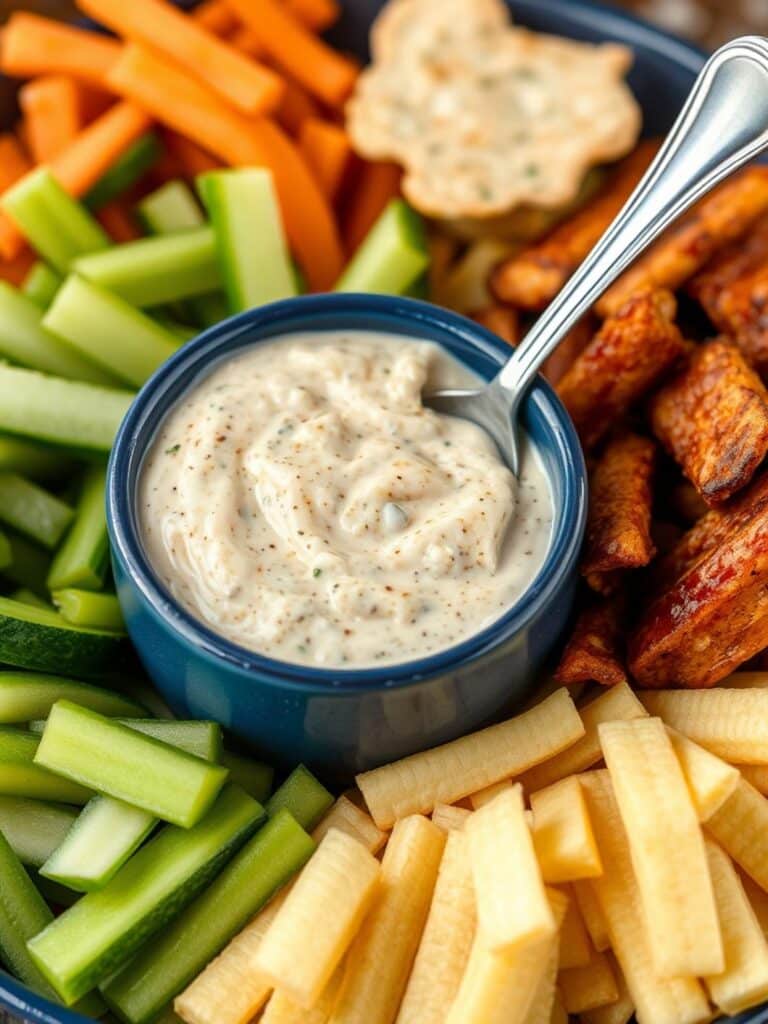 Superbowl sides: Bowl of hot dip with spoon.