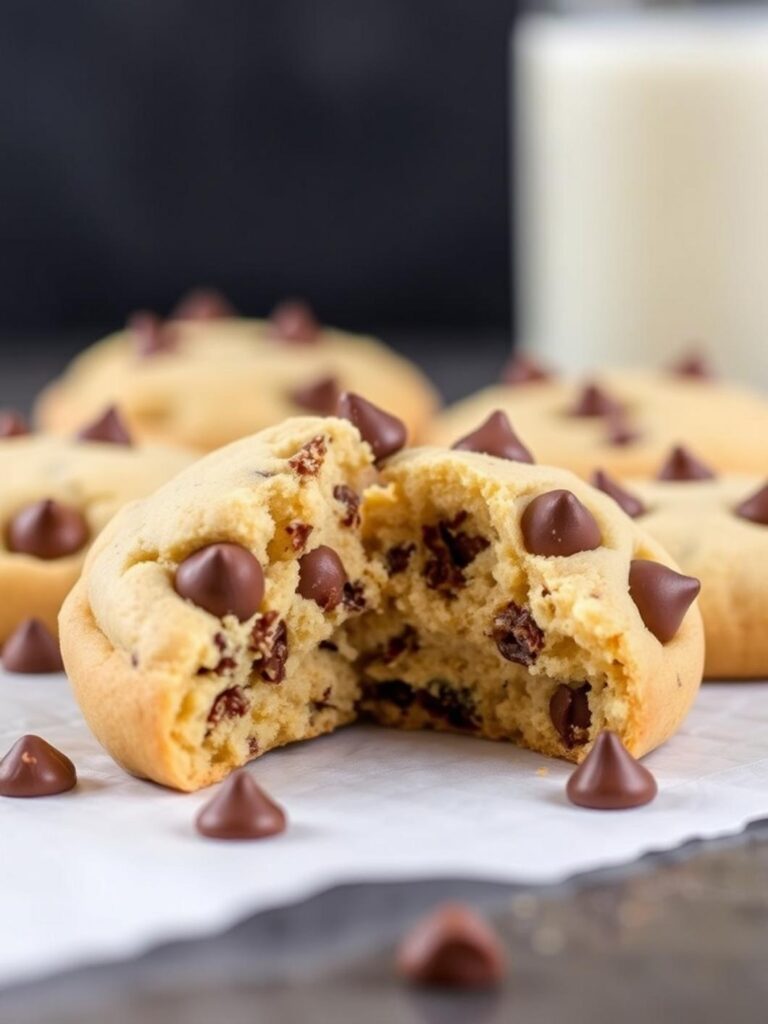 Soft chocolate chip sugar cookies: Cookie broken in half.