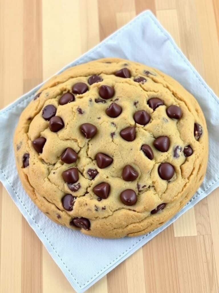 Huge chocolate chip cookie recipe: Large cookie on napkin.