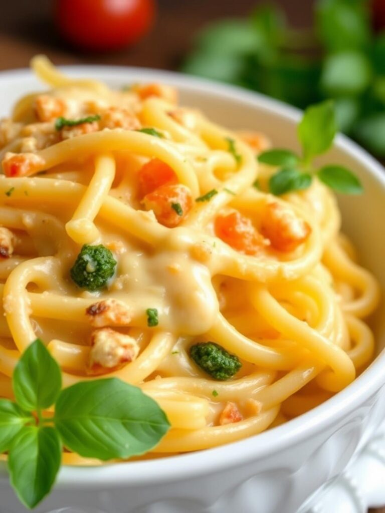 Cheese pasta recipes: Creamy pasta in white bowl.