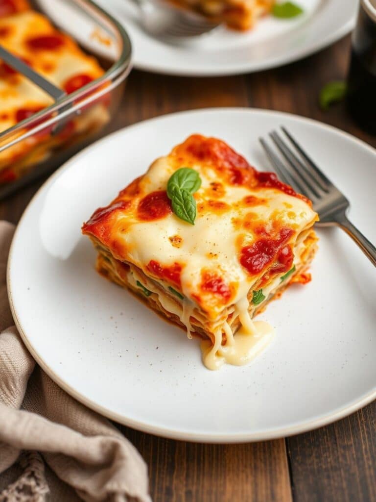 Easy lasagna recipe vegetarian: Lasagna slice with cheese pull.
