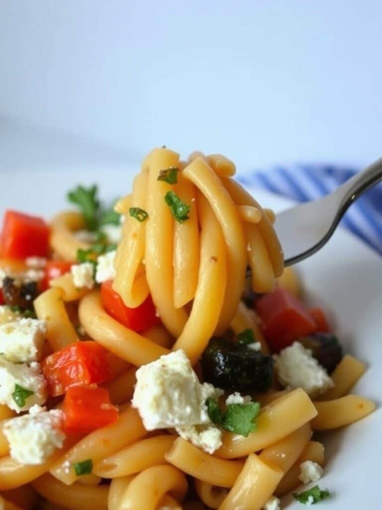 Roasted veggie feta pasta: Unmixed baked feta and pasta.
