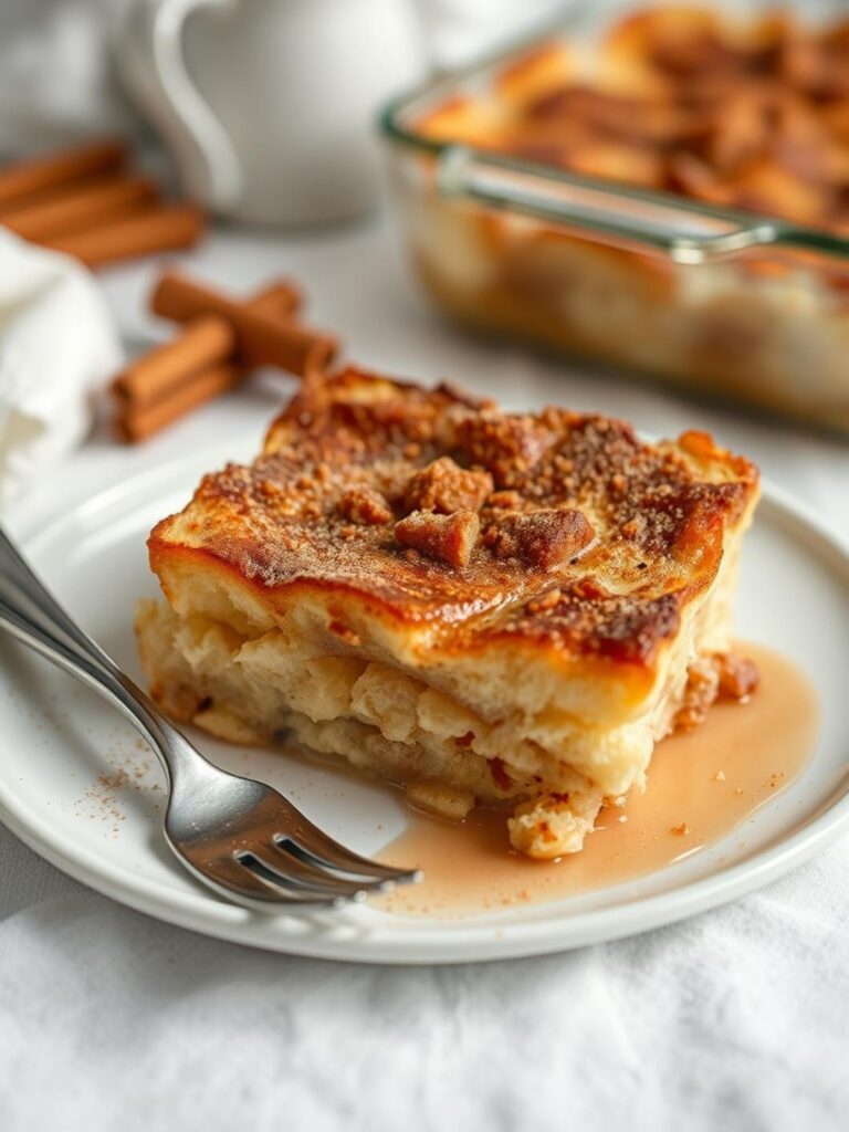 Cinnamon french toast casserole overnight: Square of casserole on plate.