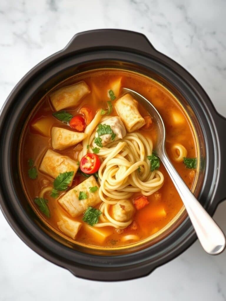 Chicken soup with reames noodles: Slow cooker with soup.