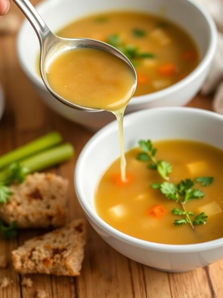 Soup dinner: Ladle pouring soup into bowl.