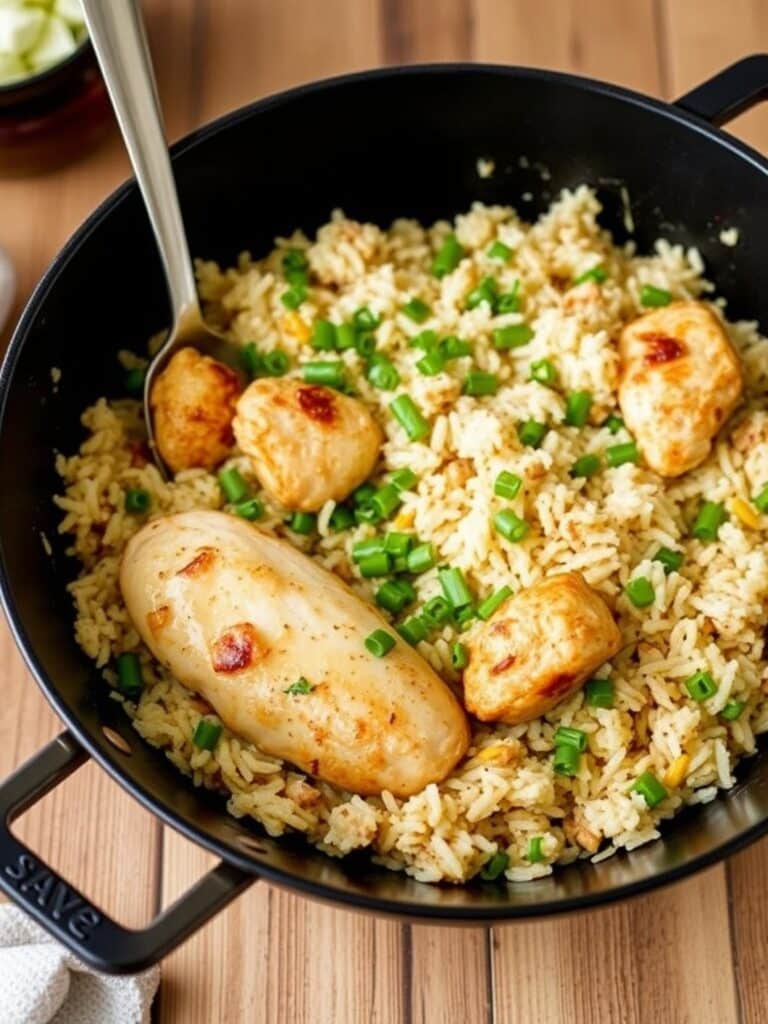 Fast dinner recipes: Skillet with chicken and rice.