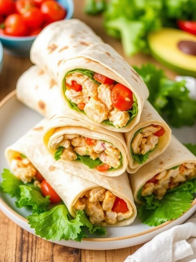 Easy chicken wrap meal: Wraps stacked on plate.