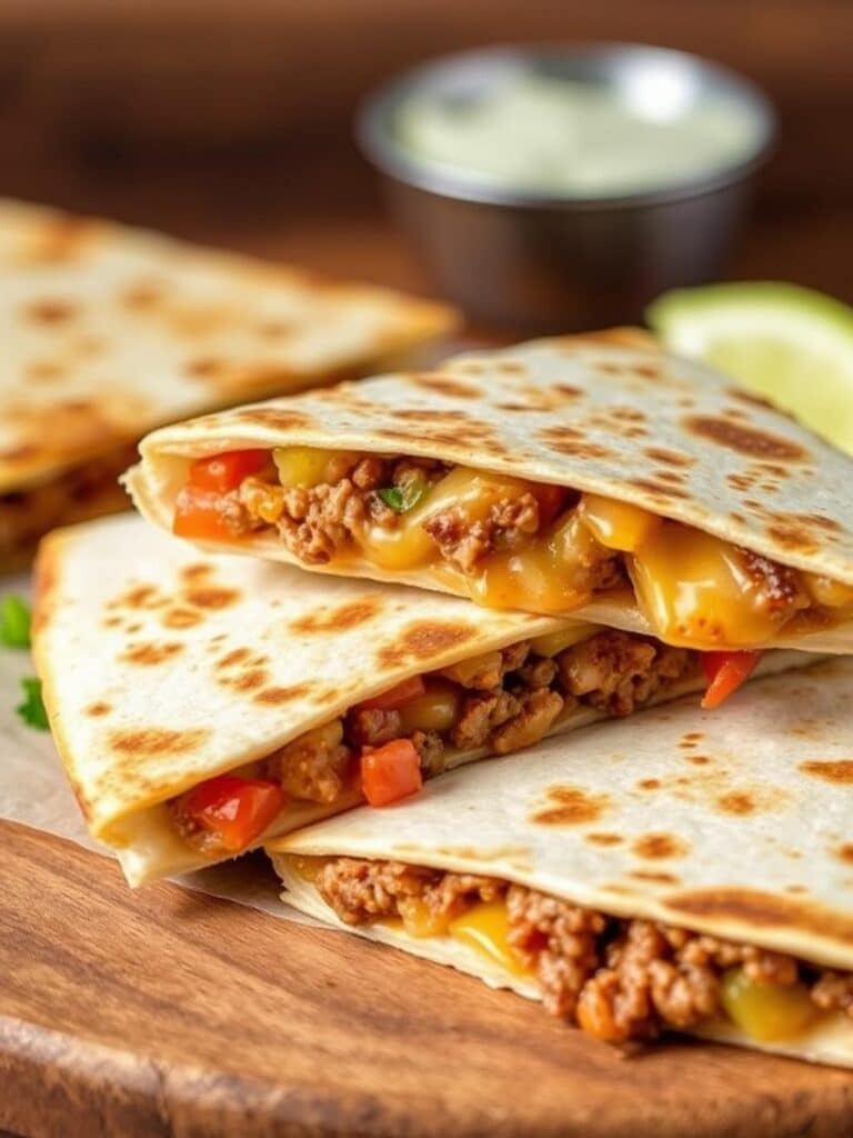 Cheeseburger quesadilla: Quesadilla cut into wedges on plate.
