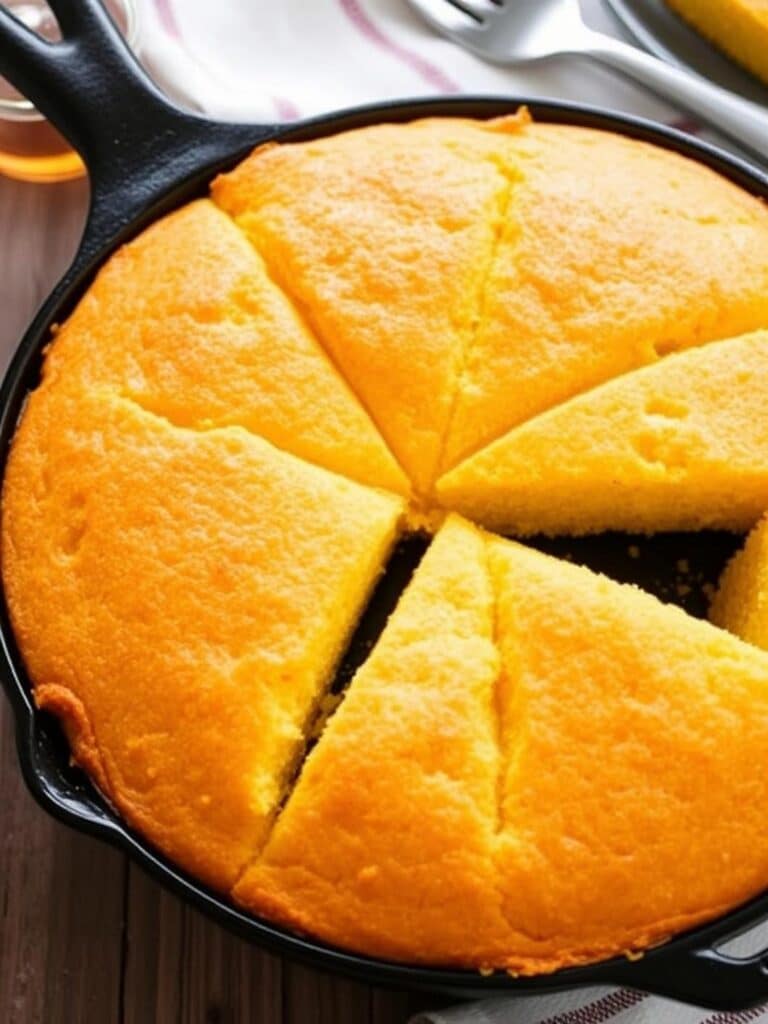 Cornbread recipe honey: Cast iron skillet with cornbread wedges.