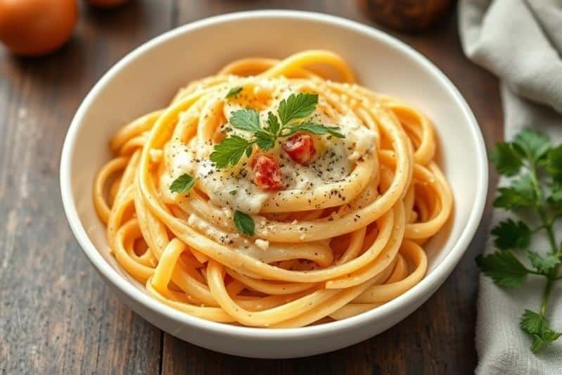 Cheese pasta recipes: Creamy pasta in white bowl.