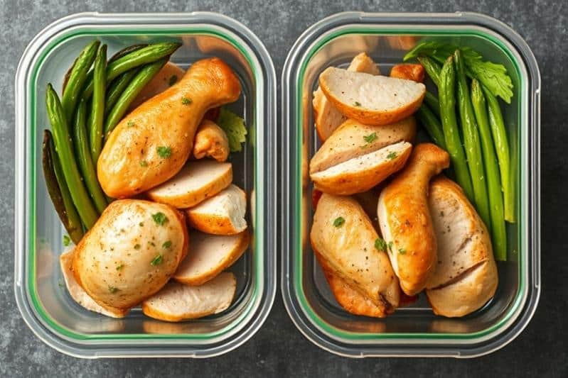 Easy clean eating recipes: Meal prep containers with chicken.