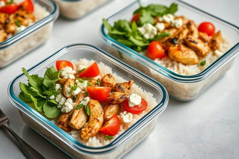 Greek chicken bowls for lunch: Meal prep containers with rice.