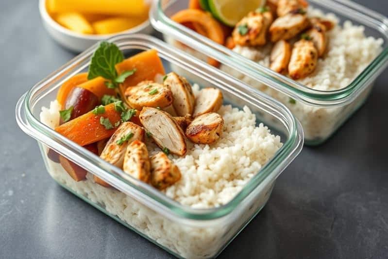 Greek chicken bowls for lunch: Meal prep containers with rice.