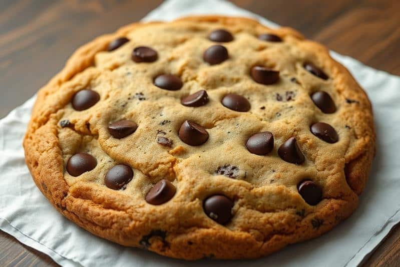 Huge chocolate chip cookie recipe: Large cookie on napkin.