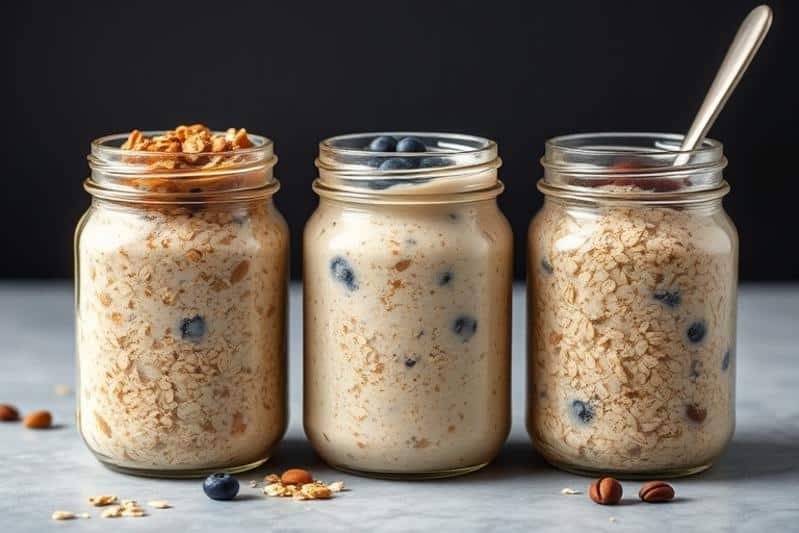 Overnight oats flavor ideas: Three jars of oats in row.