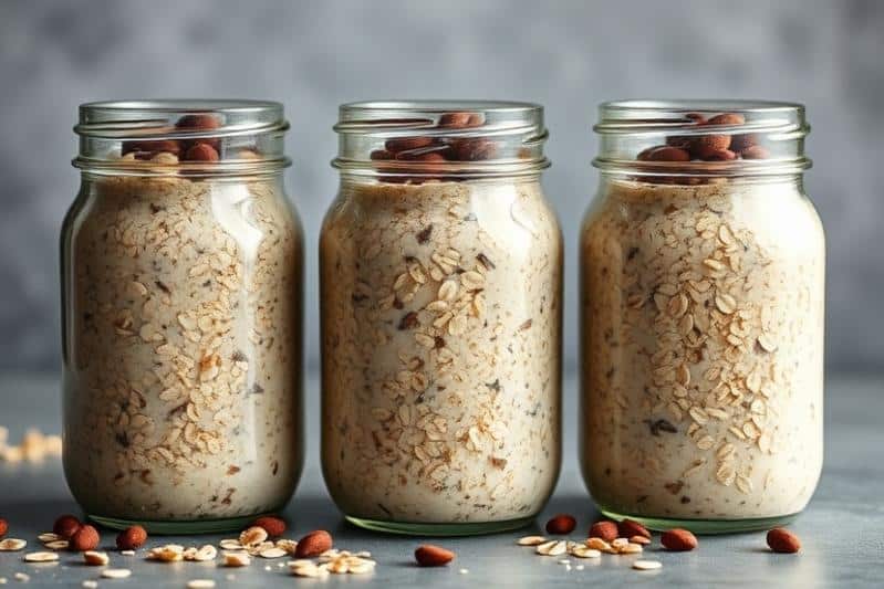 Overnight oats flavor ideas: Three jars of oats in row.