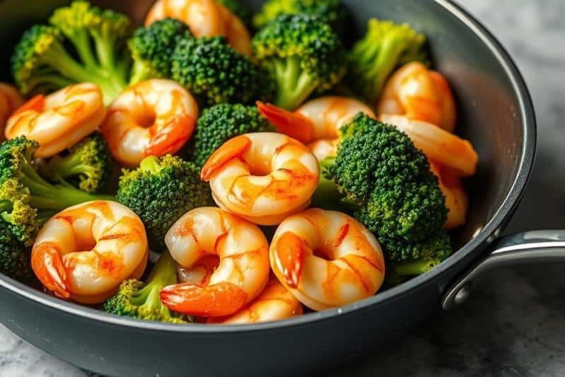 Protein shrimp recipes: Pan of shrimp and broccoli.