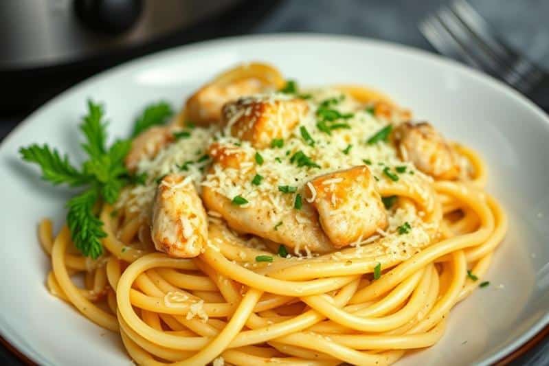 Slow Cooker Garlic Parmesan Chicken Pasta