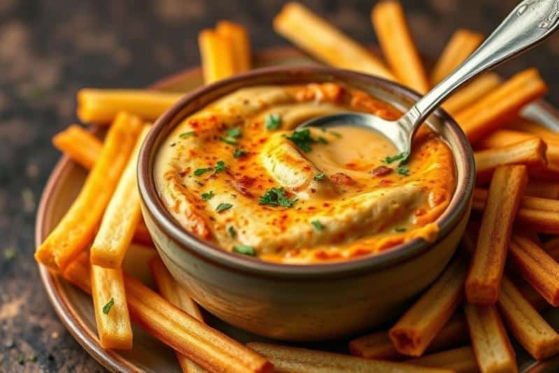 Superbowl sides: Bowl of hot dip with spoon.