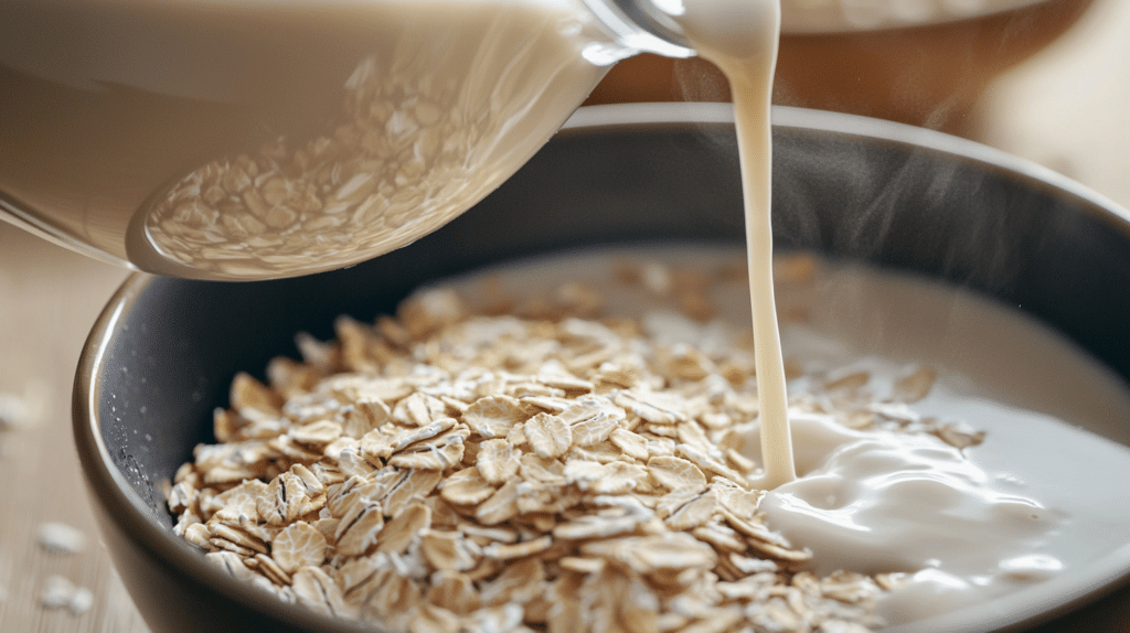 pouring unsweetened inulin-free almond milk into a saucepan with gluten-free rolled oats for low FODMAP oatmeal