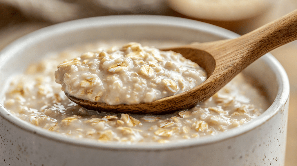 wooden spoon lifting a spoonful of creamy low FODMAP oatmeal from a white ceramic bowl