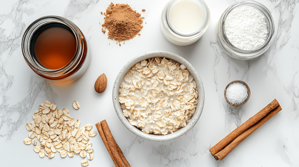 flat lay of low FODMAP oatmeal ingredients including gluten-free rolled oats almond milk maple syrup coconut sugar and cinnamon on marble