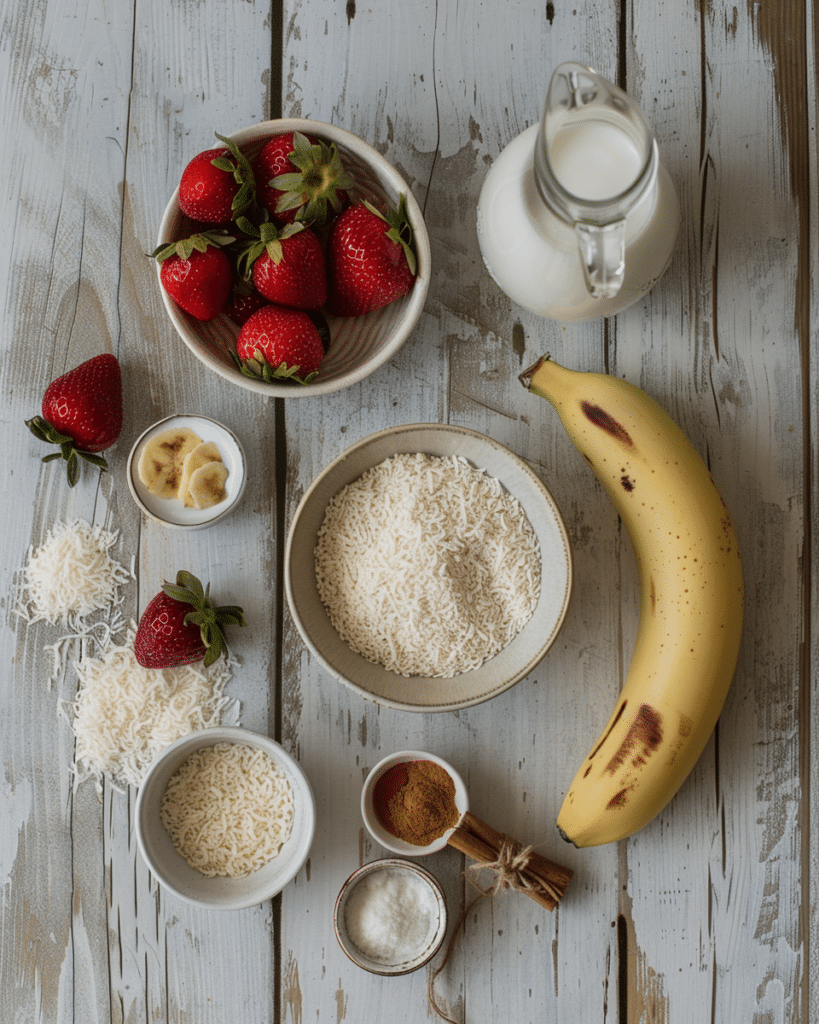 Raw hulled millet with fresh strawberries, banana and coconut — low FODMAP porridge ingredients flat lay.