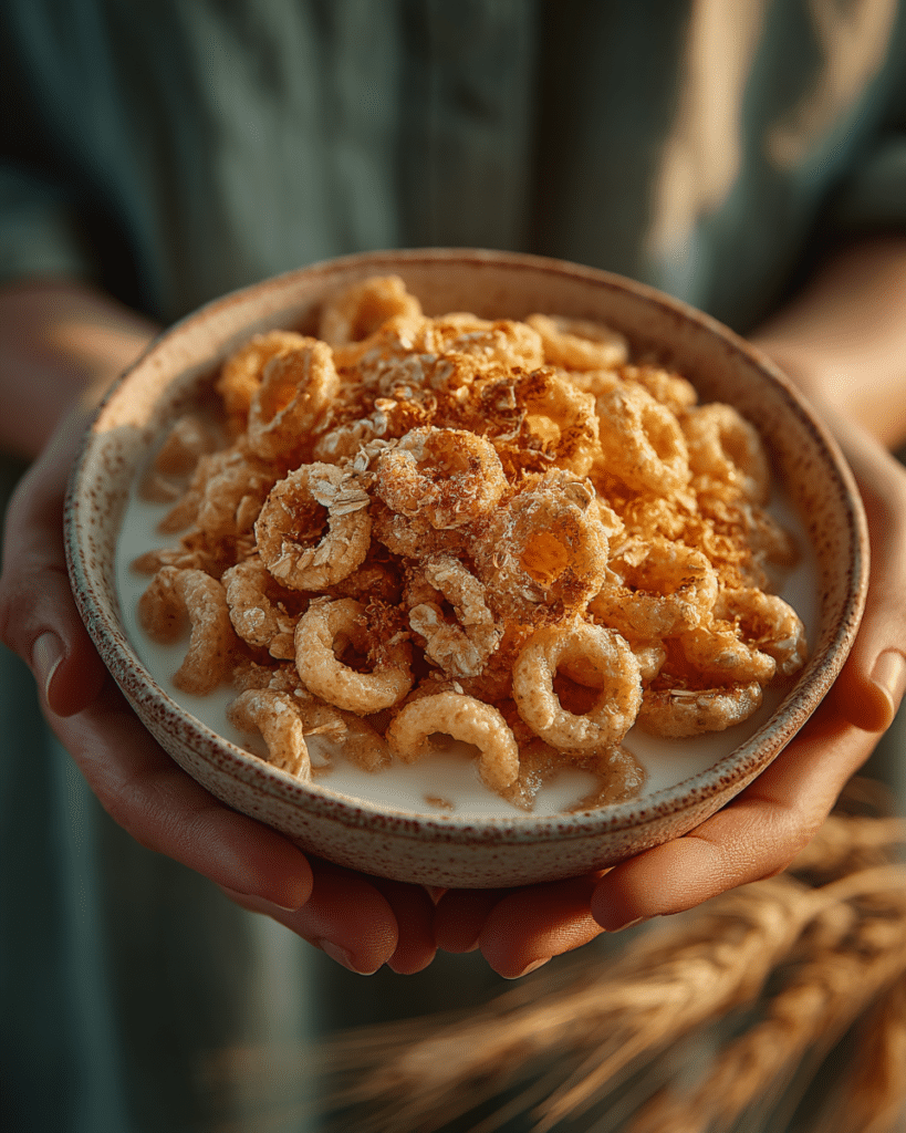 Hands holding bowl of Original US Cheerios with lactose-free milk safe IBS breakfast.