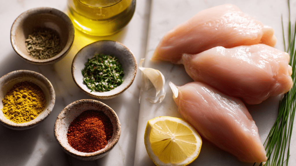 low fodmap chicken breast ingredients flat lay marble