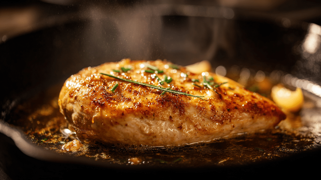 low fodmap chicken breast searing in cast iron skillet