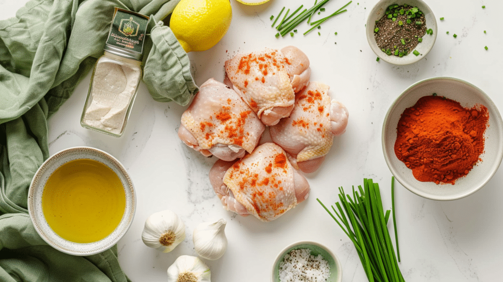 Low FODMAP chicken thigh ingredients including smoked paprika, chives, and garlic-infused olive oil