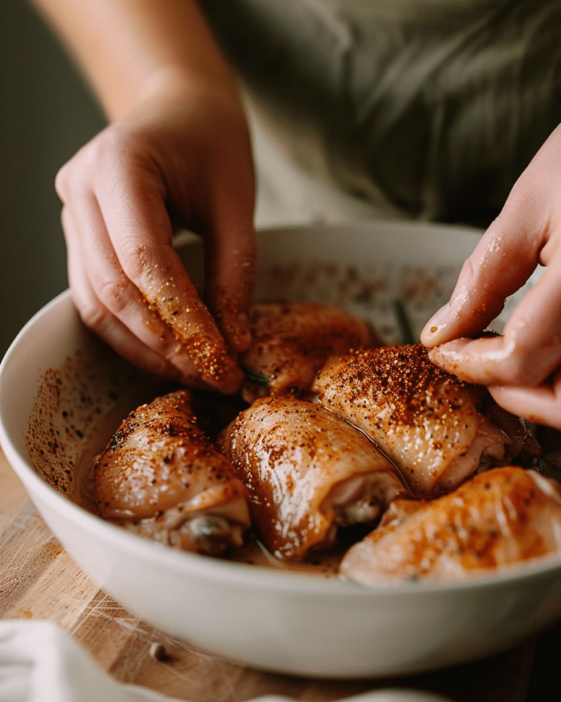 Hands rubbing Low FODMAP smoked paprika spice blend onto boneless skinless chicken thighs