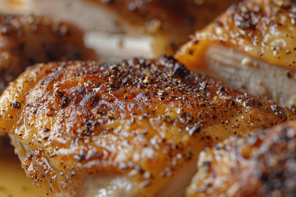 Close-up of Low FODMAP chicken thighs showing crispy golden-brown skin and juicy interior
