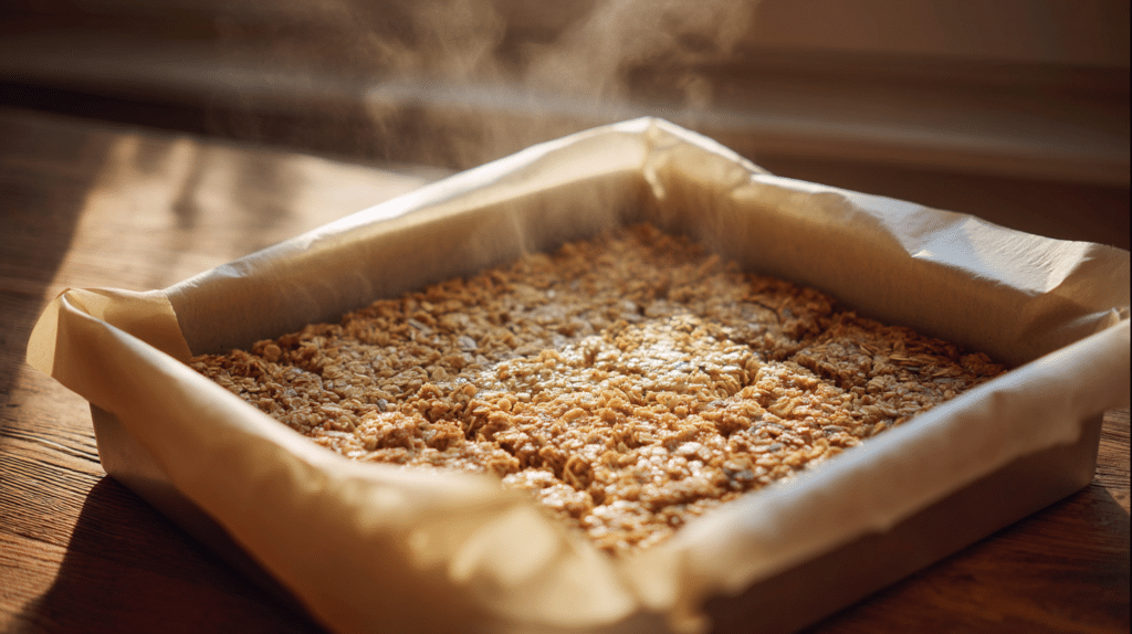 freshly baked low FODMAP granola bars golden at the edges in a parchment-lined pan