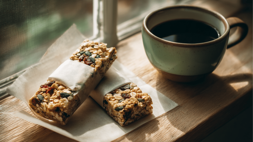 low FODMAP granola bars wrapped individually as a portable IBS-friendly snack next to a morning coffee