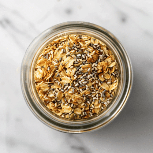 Low FODMAP granola recipe in a glass jar with oats, seeds and crunchy clusters