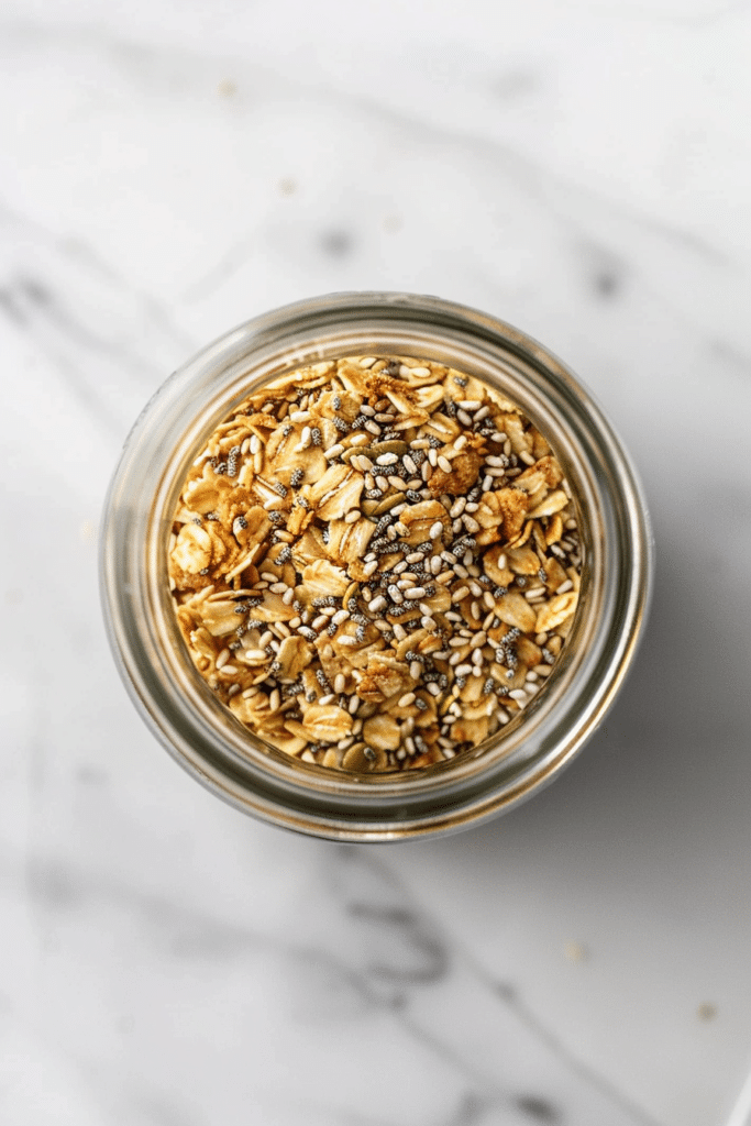 Low FODMAP granola in a glass jar with oats, seeds and crunchy clusters
