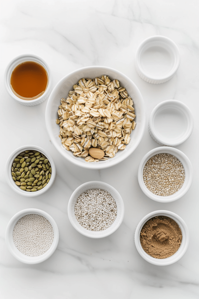 Ingredients for low FODMAP granola arranged on a light surface with oats, seeds, walnuts and maple syrup