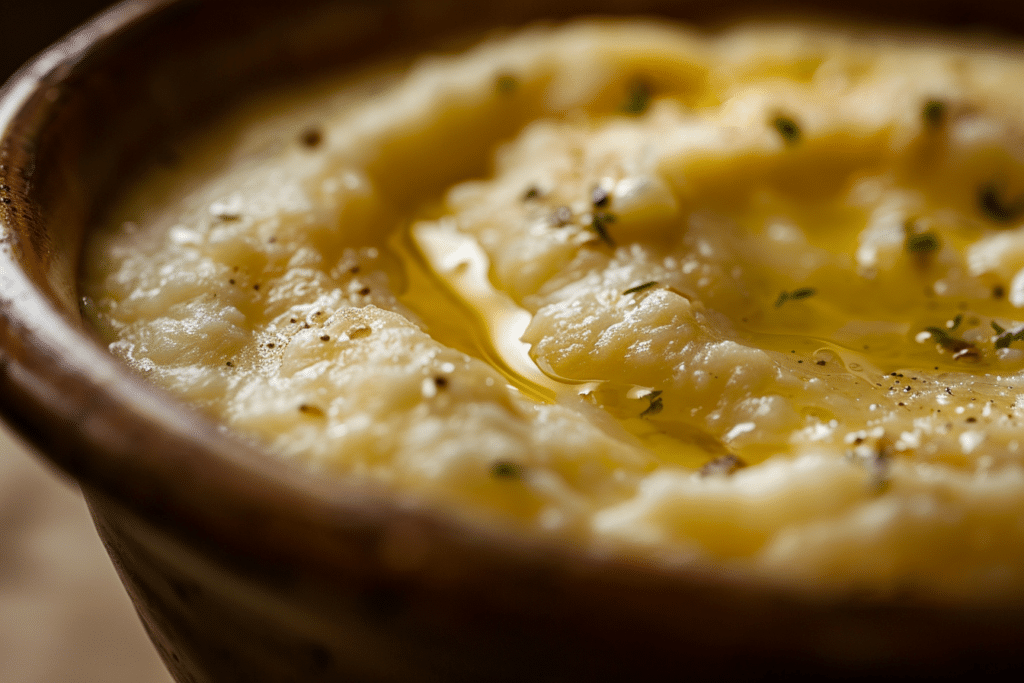 Close-up of creamy Low FODMAP grits with smooth texture and melted butter