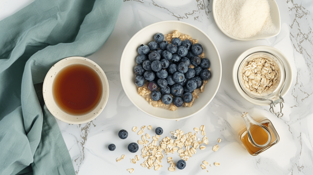Low FODMAP oatmeal ingredients flat lay certified gluten-free oats, fresh blueberries, lactose-free milk, maple syrup on marble