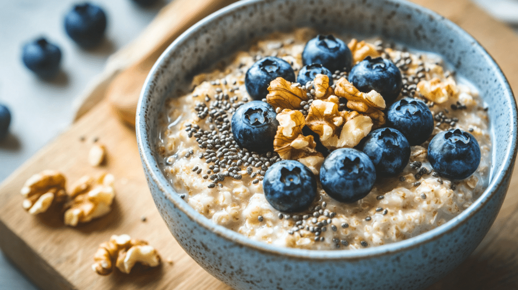 steaming bowl of low FODMAP oatmeal topped with blueberries chia seeds and walnuts