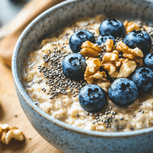 steaming bowl of low FODMAP oatmeal topped with blueberries chia seeds and walnuts