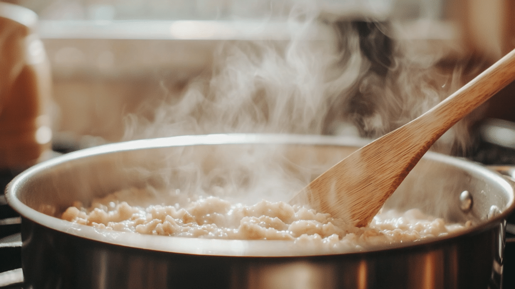 low FODMAP oatmeal simmering in a saucepan on stovetop stirred with a wooden spoon with steam rising