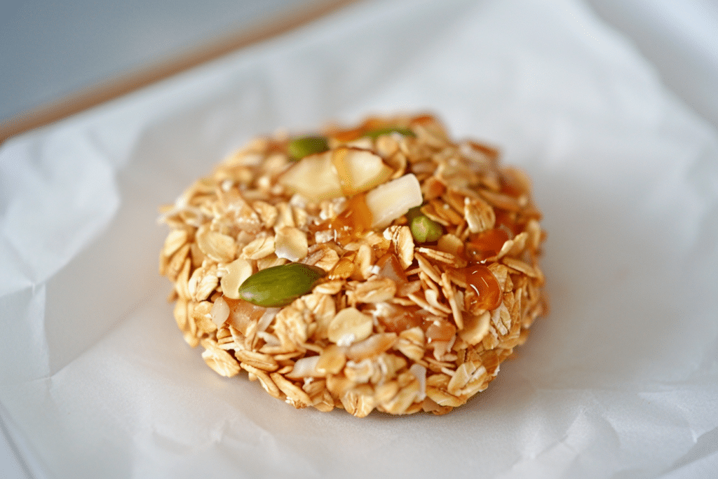 Golden toasted muesli baking on a tray inside an oven