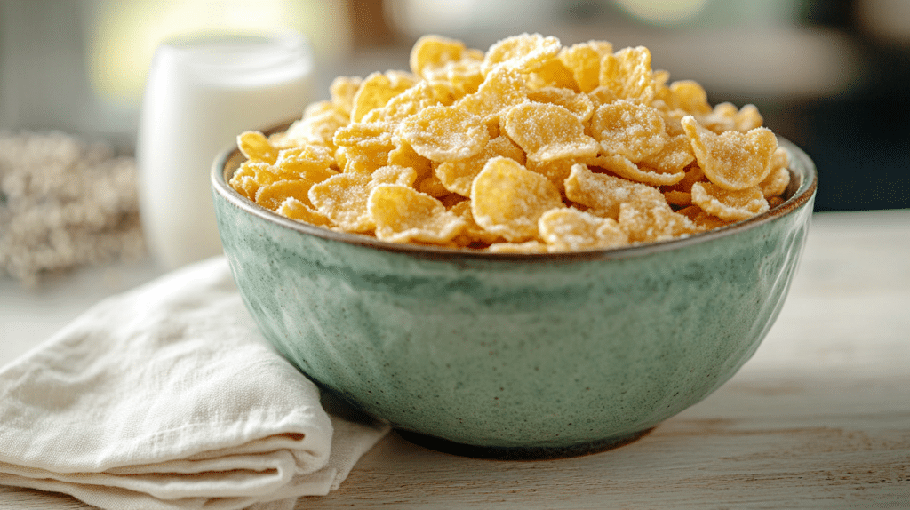 A French bowl filled with Monash-certified low FODMAP frosted flakes and lactose-free milk