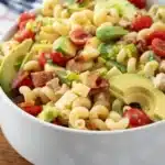 Final presentation of Chicken Club Pasta Salad in a decorative white bowl.