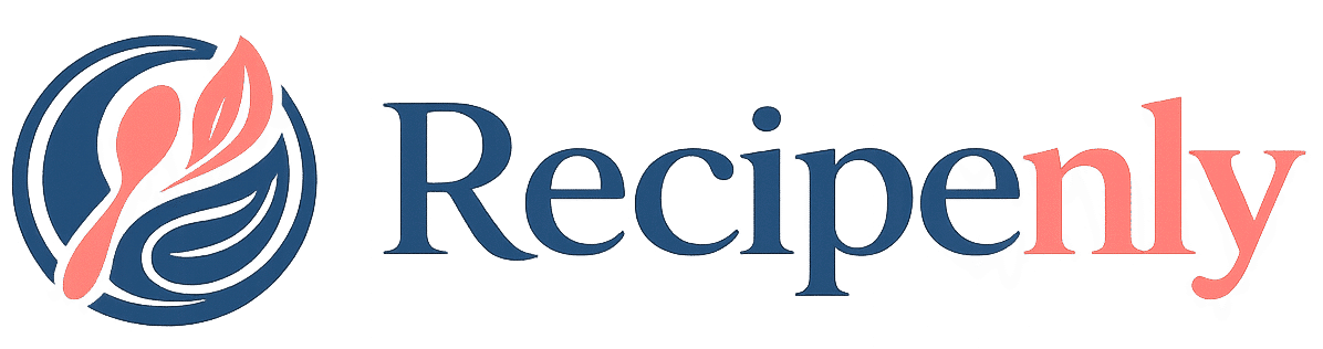 Recipenly logo with a steaming bowl icon and navy blue and coral wordmark
