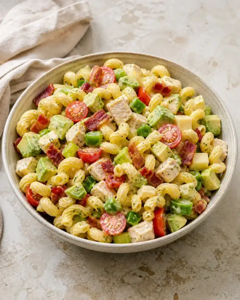 Chicken Club Pasta Salad with chicken, bacon, avocado, tomatoes, cheese, celery, and green bell pepper